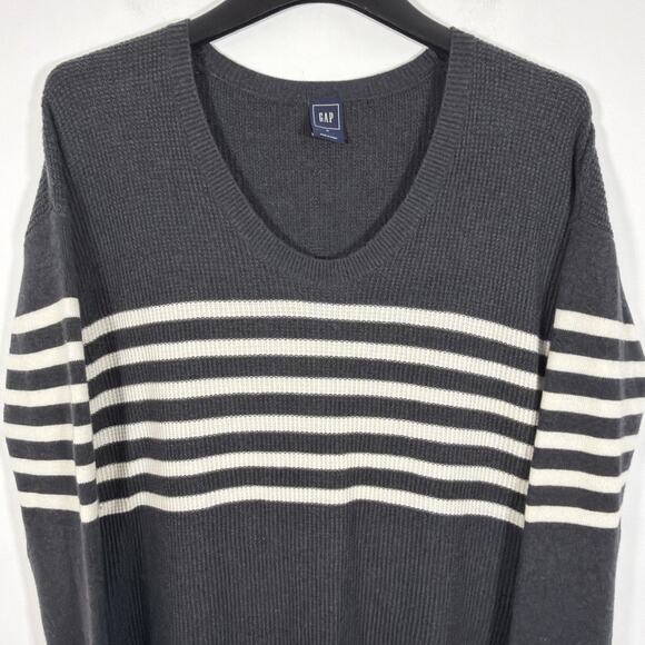 Gap Cozy Wool Blend Waffle Black White Striped V Neck Tunic Sweater Top Medium - Picture 4 of 9